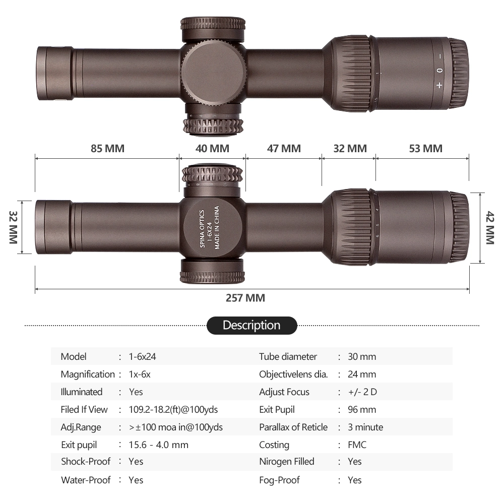 Spina Optics Spotting Riflescopes 1-6X24 Optic Scope Hunting Red Illuminated for Hunting Thin Edge